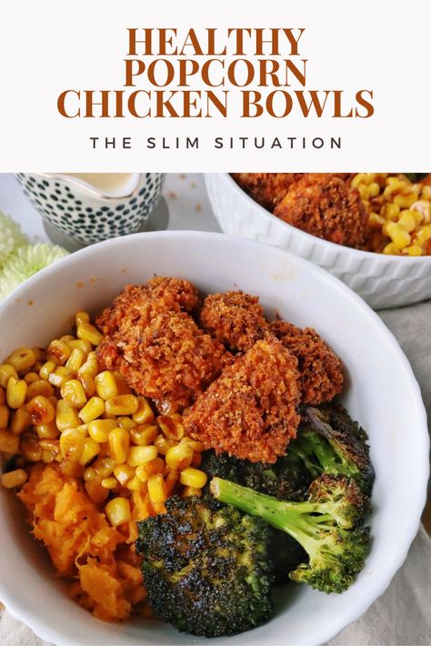 Healthy Mashed Potato Bowl, Popcorn Chicken Bowls, Popcorn Chicken Dinner Ideas, Healthy Popcorn Chicken, Healthy Kfc Bowl, Vegan Kfc Bowl, Popcorn Bowl Ideas, Popcorn Chicken Meals, Popcorn Chicken Bowl