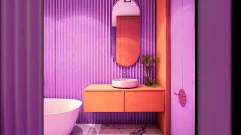 Retro Purple Bathroom, Purple Half Bathroom Ideas, Purple And Orange Bathroom, Violet Bathroom Ideas, Pink And Purple Bathroom, Purple Tile Bathroom, Lilac Bathroom Ideas, Crazy Bathroom Ideas, Violet Bathroom