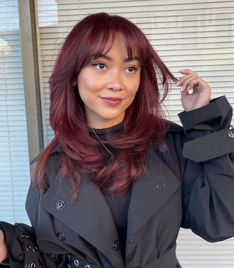 Vibrant Cherry Red Hair, Cool Red Tones For Hair, Dark Red Hair With Wispy Bangs, Burgundy Hair Medium Length, Burgundy Shag Hair, Dark Red Medium Length Hair, Red Hair With Shadow Root Dark, Red Short Layered Hair, Dark Hair Dyed Red