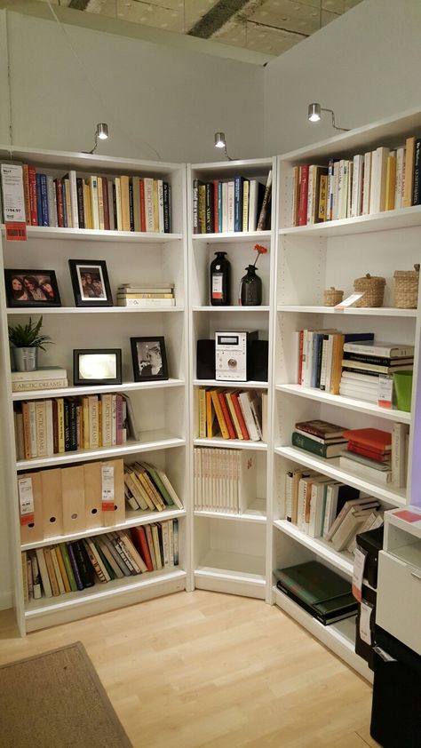 Ikea Billy Bookshelf, Billy Bookcase Inspiration, Ikea Book Case Ideas, Billy Bookcase Corner Built In, Ikea Corner Bookcase Hack, Bookshelves Ikea Billy, Book Shelves Ikea, Billy Bookcase Combination, Ikea Billy Library