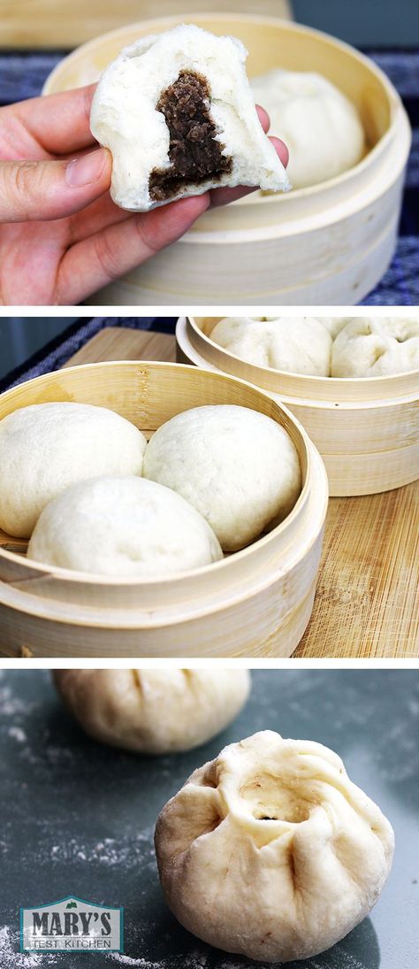 Chinese Sweet Red Bean Steamed Buns |  Video tutorial: https://www.youtube.com/watch?v=nI1NICOw5tI | Printable recipe: http://www.marystestkitchen.com/chinese-steamed-sweet-red-bean-buns-dou-sha-bao-vegan-recipe/ Chinese Dim Sum, Sweet Red Bean, Steamed Cake, Chinese Dessert, Red Bean Paste, Filipino Desserts, Bread Bun, Red Bean, Steamed Buns