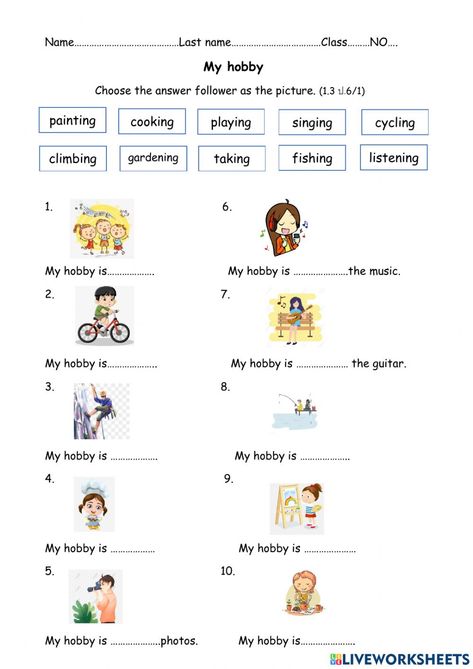 My Hobby Worksheet, Grade 2 English, English Worksheet, Hobbies For Kids, Sight Words Kindergarten, English Language Teaching, English Lessons For Kids, English Activities, My Hobby