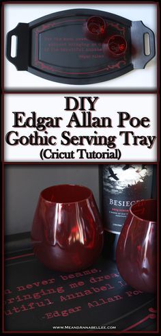 DIY Gothic Serving Tray | Edgar Allan Poe Annabel Lee | Cricut Tutorial | Goth Valentine DIY | www.MeandAnnabelLee.com Edgar Allan Poe Annabel Lee, Diy Gothic, Diy Serving Tray, Halloween Decor Diy, Annabel Lee, Valentine Diy, Farmhouse Side Table, Diy Halloween Decor, Cute Dorm Rooms