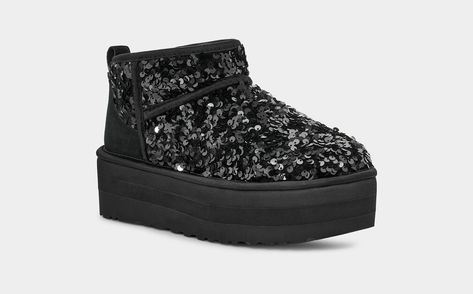 Ultra Mini Chunky Sequin Gothic Preppy, Tie Up Espadrilles, Ugg Bailey Boots, Ugg Ultra Mini, Ugg Booties, Short Suede Boots, Pink Uggs, Sequin Boots, Ugg Classic Tall