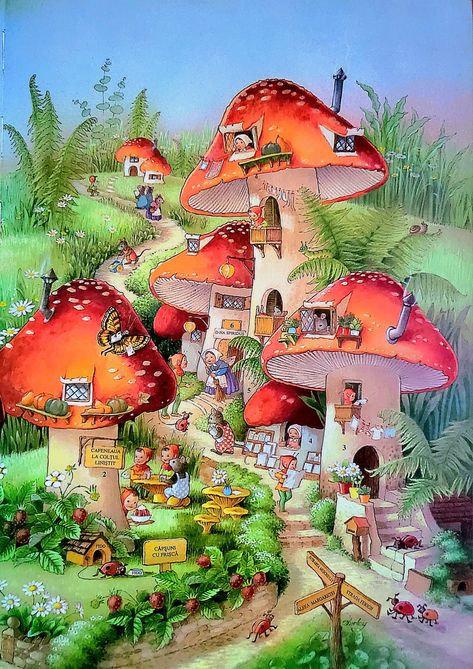 Fairy Land Magical Forest Aesthetic, Mushroom Village Drawing, Fairy Land Magical Forest, Fairy Land Drawing, Fairy Garden Wallpaper, Human Wallpaper, Mushroom Island, Mushroom Village, Village Aesthetic