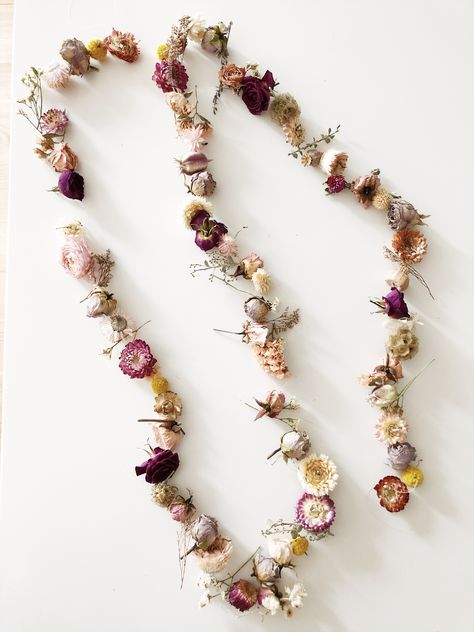 Dried floral garland for my daughters room Dried Rose Garland, Dried Floral Garland, Fabric Strip Garland, Dried Flower Garland, Leaves Crafts, Dried Wreaths, Nature Weaving, 21 Dinner, Dried Floral Wreaths