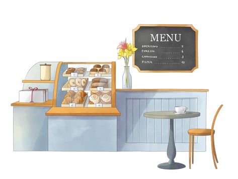 Pastries Illustration, Cafe Pastries, Interior Architecture Portfolio, Coffee Shop Background, Coffee Shop Counter, Cafe Counter, Shop Background, Cozy Coffee Shop, Cozy Coffee