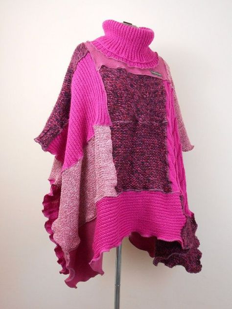 Repurposing Clothing, Patchwork Poncho, Knitted Squares, Upcycling Clothing, Pink Patchwork, Recycled Sweaters, Recycled Sweater, Sweater Poncho, Sweater Refashion