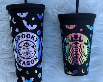 Skeleton Mermaid, Halloween Starbucks, Rosé Halloween, Mermaid Skeleton, Halloween Mason Jars, Pint Mason Jars, Cup With Lid And Straw, Custom Starbucks Cup, Cricut Halloween