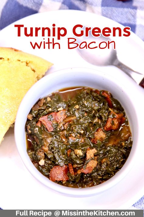 Turnip Greens with Bacon is a classic southern side dish that is so simple to make. It's a flavorful addition to any comfort food meal that is rich in nutrients. Best Turnip Greens Recipe, Greens With Bacon, How To Cook Turnips, Greens Recipe Soul Food, Turnip Recipes, Southern Side Dishes, Collard Greens Recipe, Thanksgiving 2023, Turnip Greens