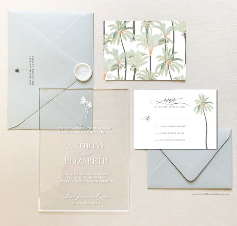 The Palm Collection Style No. 2 // Modern Destination Wedding Acrylic Invitation With Palm Tree Leaf // Tropical Hawaii Clear Invites - Etsy Australia Palm Tree Wedding Invitations, Modern Destination Wedding, Palm Tree Leaf, Wedding Acrylic, Acrylic Invitation, Tropical Hawaii, Palm Tree Leaves, Acrylic Wedding Invitations, Acrylic Invitations