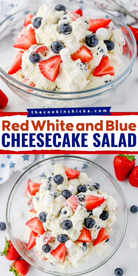 This Red White and Blue Cheesecake Salad recipe is a no-bake dessert perfect for any summer celebration such as Memorial Day, Fourth of July, picnics, potlucks, and more! Fresh strawberries, blueberries, mini marshmallows, and a creamy cheesecake filling combine into a refreshing salad everyone will enjoy. Red White And Blue Cheesecake, Blue Cheesecake, Cheesecake Salad, Desserts Keto, Fluff Desserts, Patriotic Desserts, Berry Cheesecake, Dessert Simple, 4th Of July Desserts