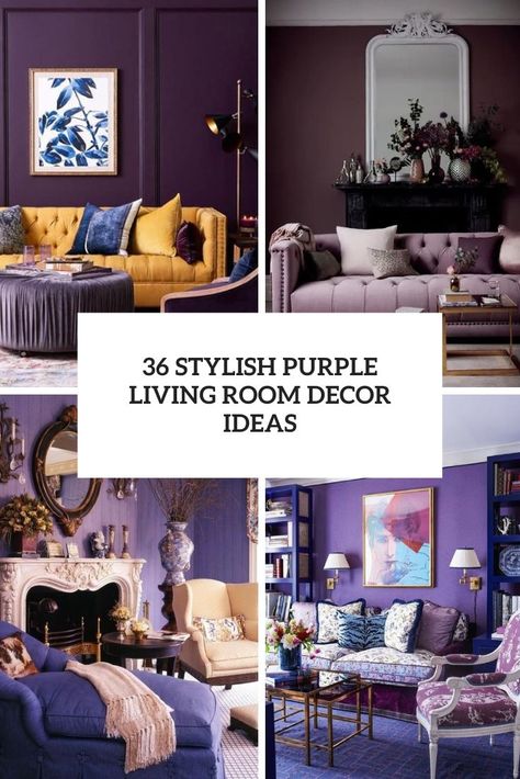 stylish purple living room decor ideas cover Colours That Go With Purple Living Room, Purple And Blue Living Room Ideas, Purple Lounge Ideas Living Rooms, Purple Family Room, Purple And Gold Living Room Ideas, Dark Purple Walls Living Room, Purple Boho Living Room, Purple Sofa Decor, Purple Aesthetic Living Rooms