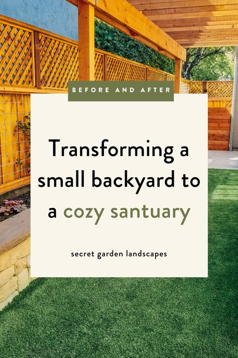 Transforming a small backyard to a cozy sanctuary by Secret Garden Landscapes. I always love a good small yard. Smaller yards create interesting challenges because you need to make every inch of the space functional. It is actually quite a fun endeavor. #backyardtransformation #backyard #backyardlandscapinngdesign #smallbackyard Small Cottage Backyard Ideas, Backyard Inspiration Landscapes, Small Backyard Layout, Cottage Backyard, Backyard Resort, Small Patio Design, California Backyard, Backyard Sanctuary, Small Yard Landscaping