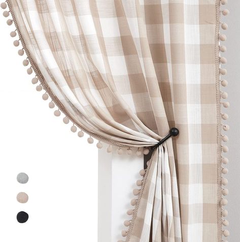 Cased Windows, Buffalo Plaid Curtains, Curtains And Sheers, Taupe Curtains, Farmhouse Style Curtains, Taupe Bedroom, Pom Pom Curtains, Floor To Ceiling Curtains, Buffalo Check Curtains