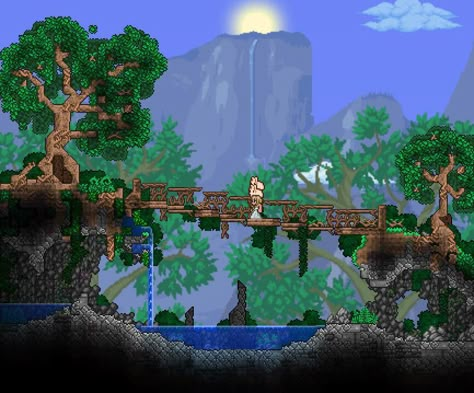 Aesthetic Terraria Builds, Terraria Garden Ideas, Terraria Forest Village, Terraria Jungle Build, Terraria Floating Island, Terraria Lighthouse, Terraria Fountain, Terraria Bridge Design, Terraria Boss Arena