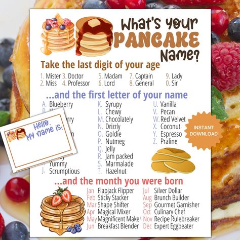 Make your Pancake themed party extra fun with this printable game plus sign and name tag template! Perfect for all ages.  2 game variations in case attendees are same/similar age. This is a digital download. Print as many times as you need! 1 game and 1 name tag template included in size US Letter.  Coordinates with Avery Label#25395. You may also enjoy my Pancake Game Bundle.  10 games in 1. https://www.etsy.com/TheFlooringGirl/listing/1661480963/ To Use: - Download your game from your Etsy pur Breakfast Party Games, Pancakes And Panties Party, Pancake Day Ideas, Pancake Day Games, Pancake Party Games, Pancake Games, Pancake Jokes, Puppy Party Games, Pancakes And Pajamas Party