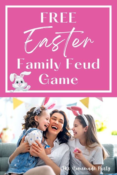 FREE Easter Family Feud PowerPoint games and questions. One for kids and one for adults. Put your skills to the test with this egg-cellent Easter activity! | thehomemadeparty.com Easter Family Feud Game, Easter Party Games Families, Easter Games For Adults Free Printable, Easter Games For Teens, Easter Games For Families, Easter Games For Adults, Family Feud Game Questions, Family Feud Template, Family Easter Games