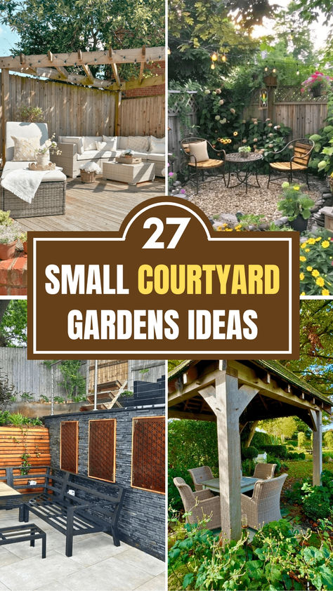 Corner Garden Trellis Ideas, Front Yard Garden Seating Area, Cute Courtyard Ideas, Outdoor Patio Ideas Small Spaces Corner, Small Garden Ideas Low Maintenance Outdoor Spaces, Private Courtyard Garden, Backyard Courtyard Ideas Patio Design, Garden Design Courtyard, Courtyard Between House And Garage