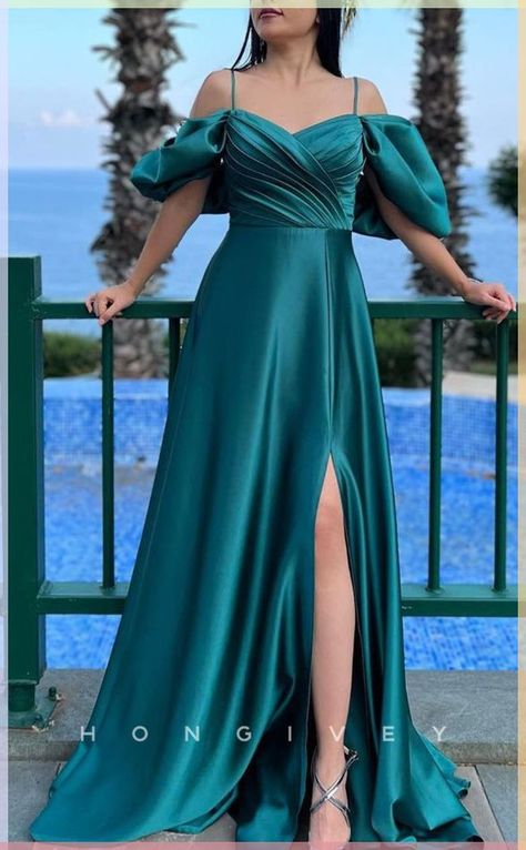 Puff Sleeves Gown, Satin Prom Dress Long, Puff Sleeve Gown, Bridesmaid Satin, Girls Dress Outfits, Off Shoulder Gown, Event Dress, Evening Dress Fashion, Vestidos Prom