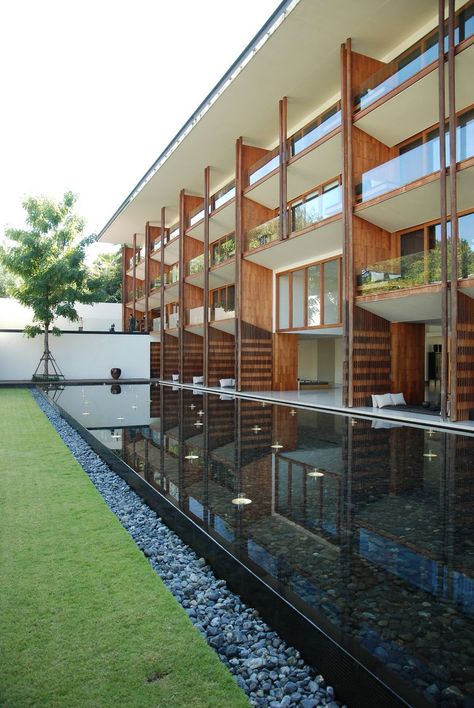 Tropical Hotel Exterior, Resort Facade, Chedi Hotel, Kerry Hill, Cavo Tagoo Mykonos, Atrium Design, Eco Buildings, Wood Facade, Hotel Exterior