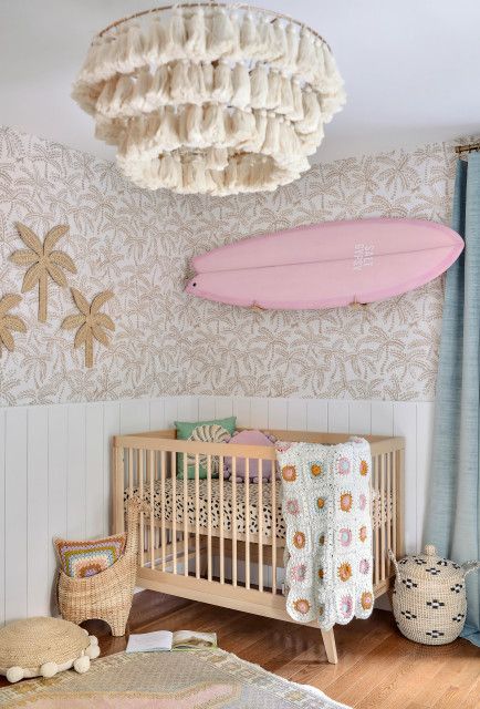 Boho Surf Nursery - Beach Style - by Tay Fusco Design | Houzz Beachy Themed Nursery, Pink Palm Nursery, Florida Themed Nursery, Under The Sea Baby Girl Nursery Ocean Themes, Beach Inspired Nursery, Boho Tropical Nursery, Gender Neutral Beach Nursery, Pink Beach Nursery, Pink Ocean Nursery