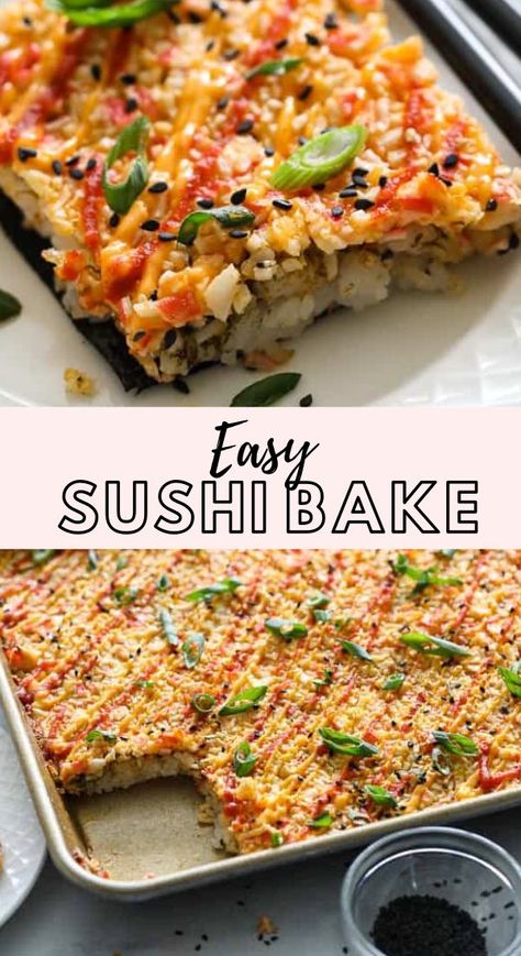 Easy Sushi Bake, Sushi Recipes Homemade, Sushi Bake, Easy Sushi, Creamy Crab, Sweet Rice, Homemade Sushi, Spicy Mayo, Sushi Recipes