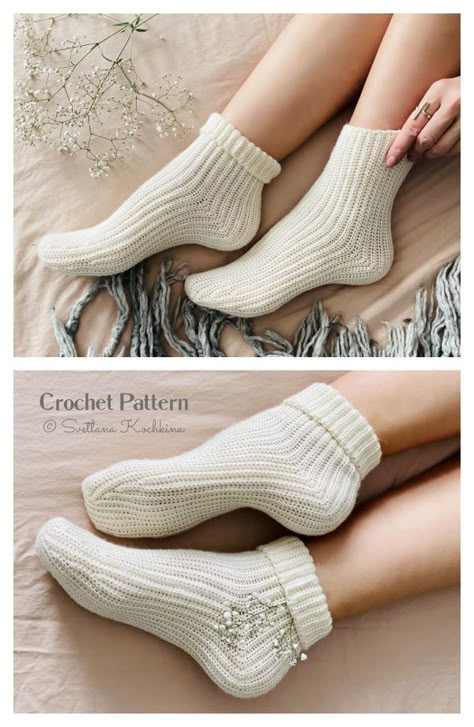 Crochet Sock Pattern Free, Easy Crochet Socks, Ribbon Socks, Socks Crochet, Crochet Socks Pattern, Crochet Design Pattern, Diy Magazine, Crochet Socks, Cozy Socks