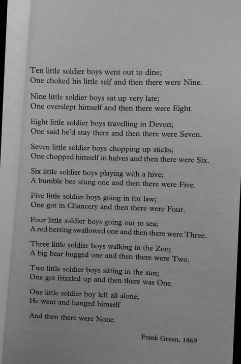 Christie, Agatha. "Soldier poem". And Then There Were None. And Then They Were None, And Then There Were None Quotes, And Then There Were None Fanart, And Then There Were None Book, And Then There Were None Aesthetic, Agatha Christie Books Aesthetic, And Then There Were None, Agatha Christie Aesthetic, Soldier Poem