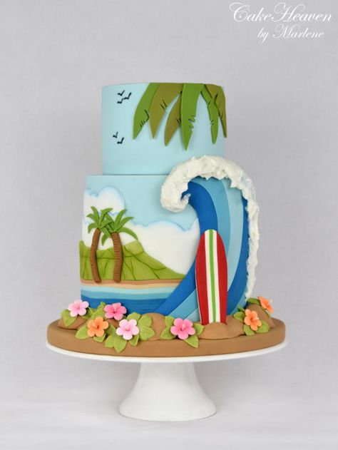 Hawaiian Summer Cake - Cake by CakeHeaven by Marlene Hawaii Cake, Surf Cake, Rodjendanske Torte, Hawaiian Cake, Moana Cake, Sea Cakes, Beach Cakes, Karakter Disney, Summer Cakes