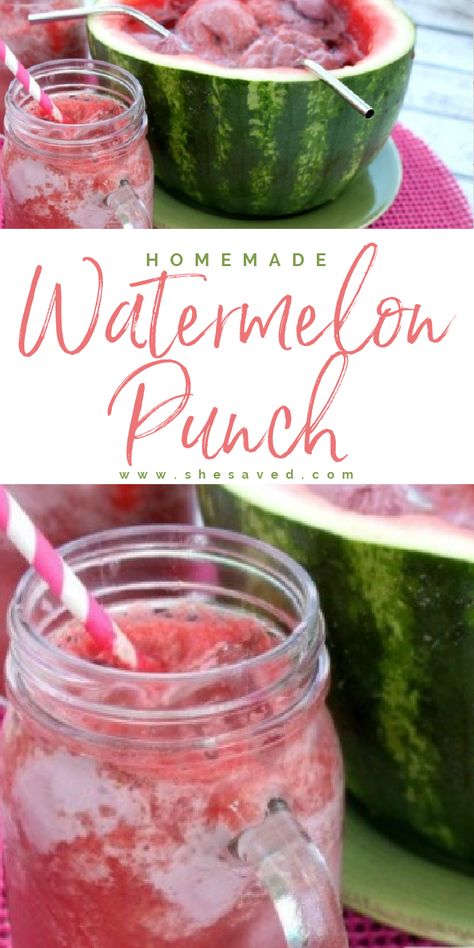 Homemade Punch, Watermelon Recipe, Summer Drink Recipe, Watermelon Punch, Watermelon Bowl, Frozen Limeade, Raspberry Sherbet, Fun Summer Drinks, Watermelon Drink