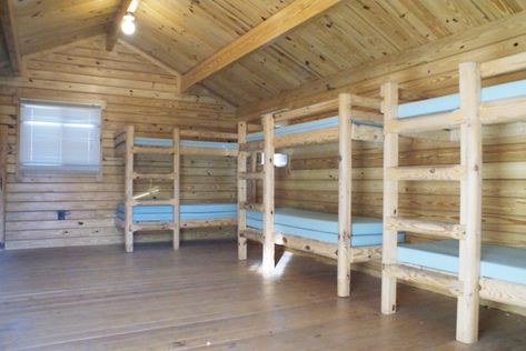 Bunkhouse Cabin | Cub Lodge Bunkhouse Log Cabin Cabin Interiors Rustic, Rustic Cabin Interior, Bunkie Ideas, Small Cabin Interiors, Bunk Rooms, Hunting Cabin, Beautiful Cabins, Kids Beds, Cabin Interiors