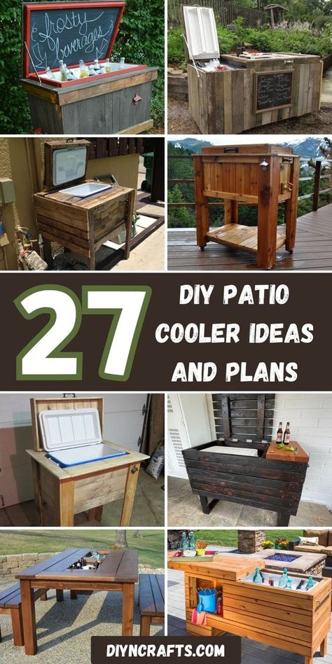 27 DIY Patio Cooler Ideas and Plans Diy Cooler Stand, Wood Cooler Stand, Diy Patio Cooler, Wooden Ice Chest, Deck Cooler, Pallet Cooler, Wood Cooler, Wooden Cooler, Drink Coolers