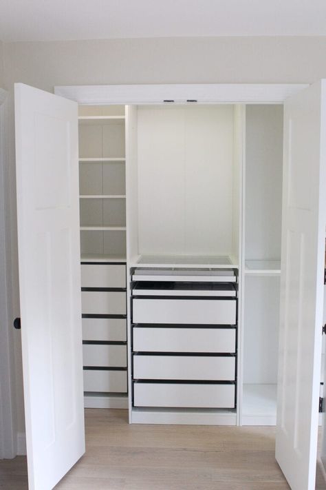 Tips to install the ikea pax wardrobe in a reach-in closet. How to install the ikea pax closet system. This is such an awesome way to DIY your closet into an organized oasis! Come learn my 5 tips to install the IKEA PAX and create the custom closet of your dreams! #organize #closet #DIYcloset #ikea #ikeacloset Ikea Pax Closet Jewelry, Workout Clothes Closet Organization, Walk In Closet Renovation Ideas, Attic Ensuite, Ikea Closet Hack, Primary Closet, Diy Closet System, Organize Closet, Ikea Closet Organizer