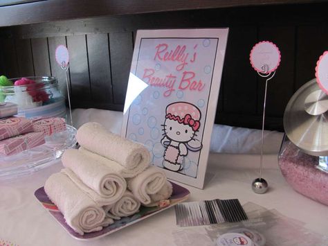 Hello Kitty Sparty Birthday Party Ideas | Photo 21 of 40 | Catch My Party Birthday Hello Kitty, Girl Spa Party, Hello Kitty Birthday Party, Spa Birthday Parties, Girl Sleepover, Spa Ideas, Spa Birthday, Bachelorette Ideas, Spa Night