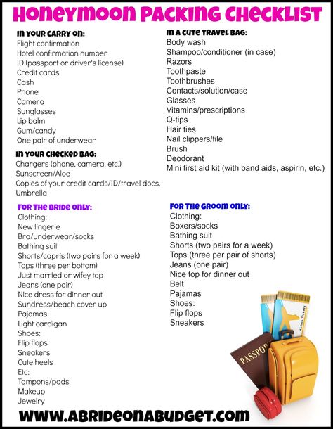 Honeymoon Packing Checklist Honeymoon Checklist, Honeymoon Packing List, Honeymoon Packing, Honeymoon Tips, Honeymoon Planning, Honey Moon, Packing Checklist, Future Wedding Plans, Wedding Checklist