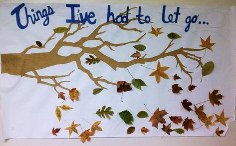 Description: When in recovery from addiction, the substance isn't the only thing you have to let go. This project illustrates where each individual in the group is in the "letting go process". Materials: 5ft piece of white mural paper, pressed leaves, markers, tape. Preparation instructions: This project is designed to be done during Autumn when… September Activities, Falling Leaf, Leaf Projects, Group Crafts, Art Therapy Projects, Pressed Leaves, Counseling Resources, Group Therapy, Work Activities