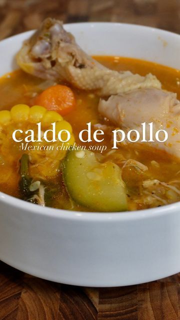 Dasha | Easy Family Meals on Instagram: "Caldo de pollo (Mexican chicken soup) will get me right every time! I still remember the first bowl I had of this from a local restaurant in Houston I went back 3 times that week and was never the same 😂

This soup is mandatory to have in your back pocket for soup season bc you just never know when you wake up with the sniffles and need a pick me up. 

Y’all know we love rice over here, so I paired it with a homemade Mexican rice, which leveled up the flavor even more.

What you’ll need to make Caldo de Pollo: (Ingredients)
4 lbs bone-in chicken thighs and drumsticks
4 bay leaves
2 whole cloves of garlic, peeled 
1 large onion, halved
2 tablespoons chicken bouillon powder (adjust to taste)
1 small can of Mexican-style tomato sauce
4 pieces of corn Small Chicken Soup Recipes, Chicken Drumsticks Soup, Cuban Chicken Soup Recipes, Chicken Caldo Recipe, Chicken Caldo Mexican Recipe, Mexican Chicken And Rice Soup, Cuban Chicken Soup, Chicken Foot Soup, Chicken Caldo