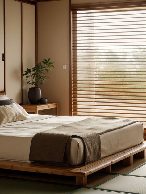 Bamboo Platform Bed, Bamboo Blinds Bedroom, Japanese Bed Frame, Japanese Blinds, Japanese Platform Bed, Japanese Inspired Bedroom, Japanese Style Bedroom, Low Platform Bed, Japanese Bed