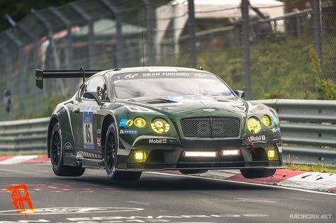 Bentley Continental GT3  .....Yee-haw! | by www.racingpix.net Gt3 Cars, Bentley Gt3, Yellow Headlights, David Arnold, Gt3 Racing, Bentley Speed, Bentley Gt, Bentley Motors, Gt Cars