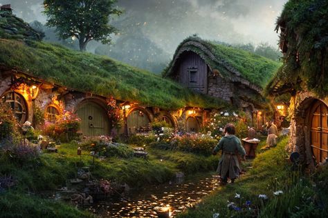 Hobbit village by Pierre Cirdan - Playground AI Druid Village, Hobbit Hotel, Hobbit Town, Hobbit Village, Hobbit Garden, Fantasy Houses, Witchy House, Fantasy Village, Forest Cottage