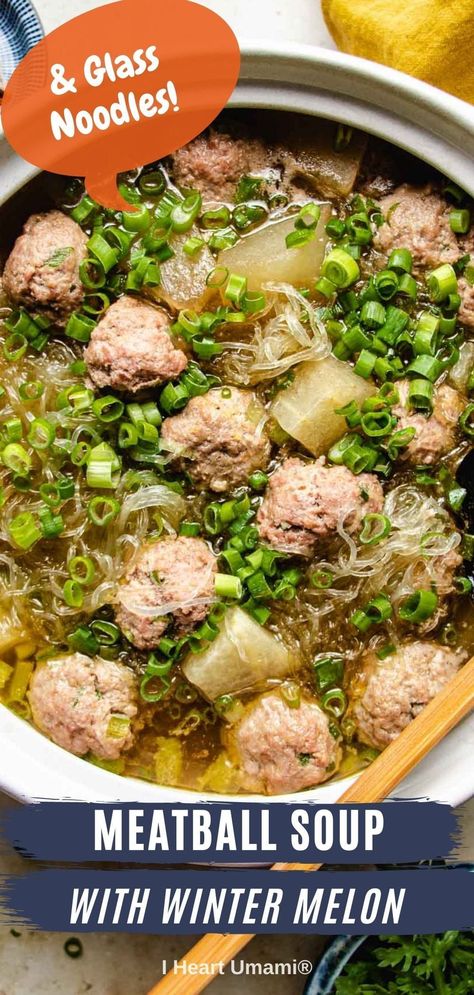 Chinese winter melon soup recipe with pork meatballs, dong gua, and glass noodles. This winter melon meatball soup is healthy & delicious! #soup #meatballs #onepot #wintermelon #chineserecipes #glassnoodles #ketorecipes Vietnamese Meatball Soup, Asian Meatball Soup, Thai Meatball Soup, Umami Recipes, Recipe With Pork, Homemade Takeout, Asian Chicken Meatballs, Winter Melon Soup, Gluten Free Asian Recipes