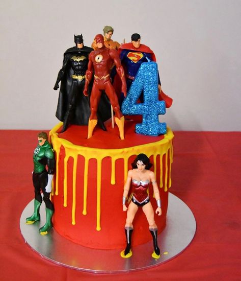 The Justice League drip cake for one of my twins. Caramel mud with vanilla buttercream and a yellow drip, topped with the Justice League Justice League Birthday Cake, Justice League Birthday Party, Justice League Cake, Dc Cake, Marvel Birthday Cake, Flash Cake, Captain America Party, Camping Cakes, Superhero Birthday Cake