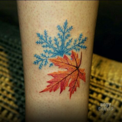 Leaf And Snowflake Tattoo, Fall And Winter Tattoo, Fall Winter Tattoo, Winter Theme Tattoo, Tattoos Body Positivity, 4 Seasons Tattoo, Positivity Tattoos, Four Seasons Tattoo, Fall Inspired Tattoos