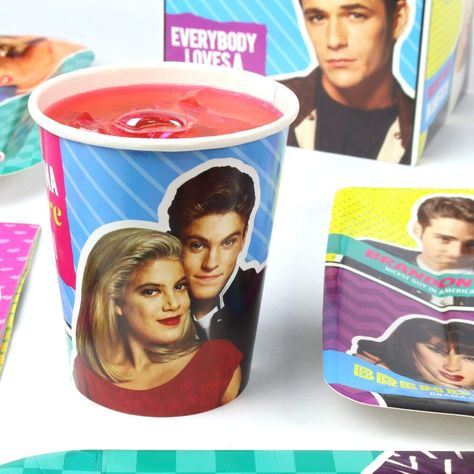 Our 90210 cup is dedicated to our steadiest relationship, Donna and David. Whether it's coffee or punch our double walled 9 ounce paper cups are perfect for any hot of cold beverage. All of our 90210 theme party decorations and birthday party supplies are made for the most resourceful party arrangers and delivered with care by the Prime Party family. Prime Party, Decades Party, 80s Birthday, 90s Birthday, 90s Theme Party, 90s Prom, Hosting Ideas, Party Hosting, 80's Party