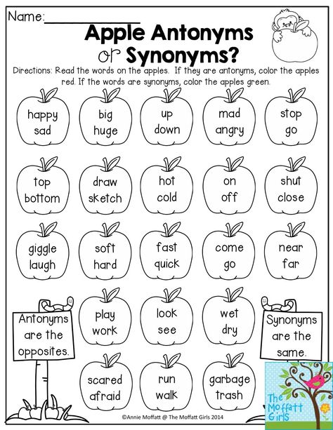 Apple Antonyms or Synonyms- Read the pairs of words and decide if they are antonyms or synonyms. Good refresher in the Back to School NO PREP Packet for 2nd Grade! Synonyms Worksheet, Antonyms Worksheet, 2nd Grade Grammar, Synonyms And Antonyms, 2nd Grade Worksheets, English Worksheets For Kids, 2nd Grade Ela, 2nd Grade Reading, 1st Grade Worksheets