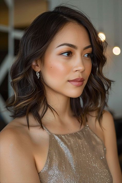 Simple shoulder-length hair with soft waves and natural volume. Soft Wave Hairstyles, Mid Length Wedding Hair, Cute Shoulder Length Haircuts, Collarbone Length Hair, Shoulder Haircut, Shoulder Length Layered, Thick Hair Styles Medium, Choppy Haircuts, Bridesmaid Hair Down