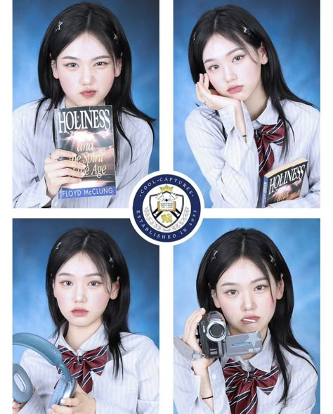 Korean Yearbook, Qi Pao Photoshoot, Korean Yearbook Photoshoot, Nerd Pose Reference, Yearbook Pose, Y2k Yearbook Photoshoot, Graduation Photoshoot Yearbook, Pictorial Ideas, Yearbook Photo Aesthetic