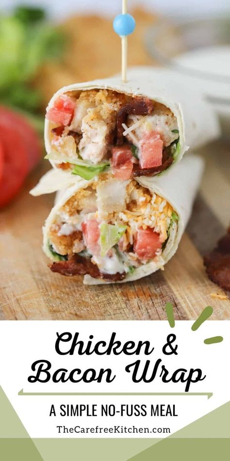 This crispy Chicken and Bacon Wrap is a quick and easy lunch or dinner that tastes great and couldn’t be easier. It’s loaded with crispy chicken tenders, bacon, cheese, lettuce, tomatoes, and a drizzle of ranch dressing all tucked into a flour tortilla. #thecarefreekitchen #chicken #bacon #wrap #lunch #easydinner #ranch #chickentenders #mealprep Bacon Ranch Wraps, Easy Paleo Lunches, Lunch Recipies, Ranch Wraps, Chicken Bacon Ranch Wrap, Wraps Recipes, Clean Eating Lunch, Cooking Chicken, Bacon Wrapped Chicken