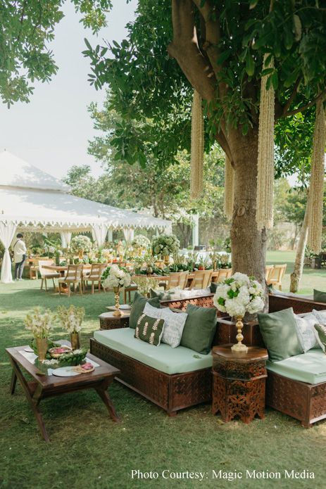 Sporting a plethora of unique themes that took a cue from nature - this couple’s fusion destination wedding is inspiration galore! - WeddingSutra Green Sangeet Decor, Garden Wedding Indian, Garden Indian Wedding, Sage Green Indian Wedding, Kerala Wedding Decorations, Kerala Wedding Decor, Wedding Decor Elements, Sage Green Wedding Decor, Pichwai Lotus